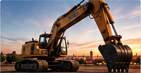 Yellow excavator at a job site at sunset
