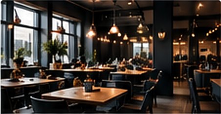 Upscale restaurant dining room with pendant lights